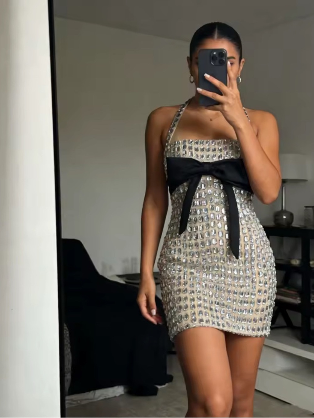 Embellished Silver Mini Dress with Black Bow